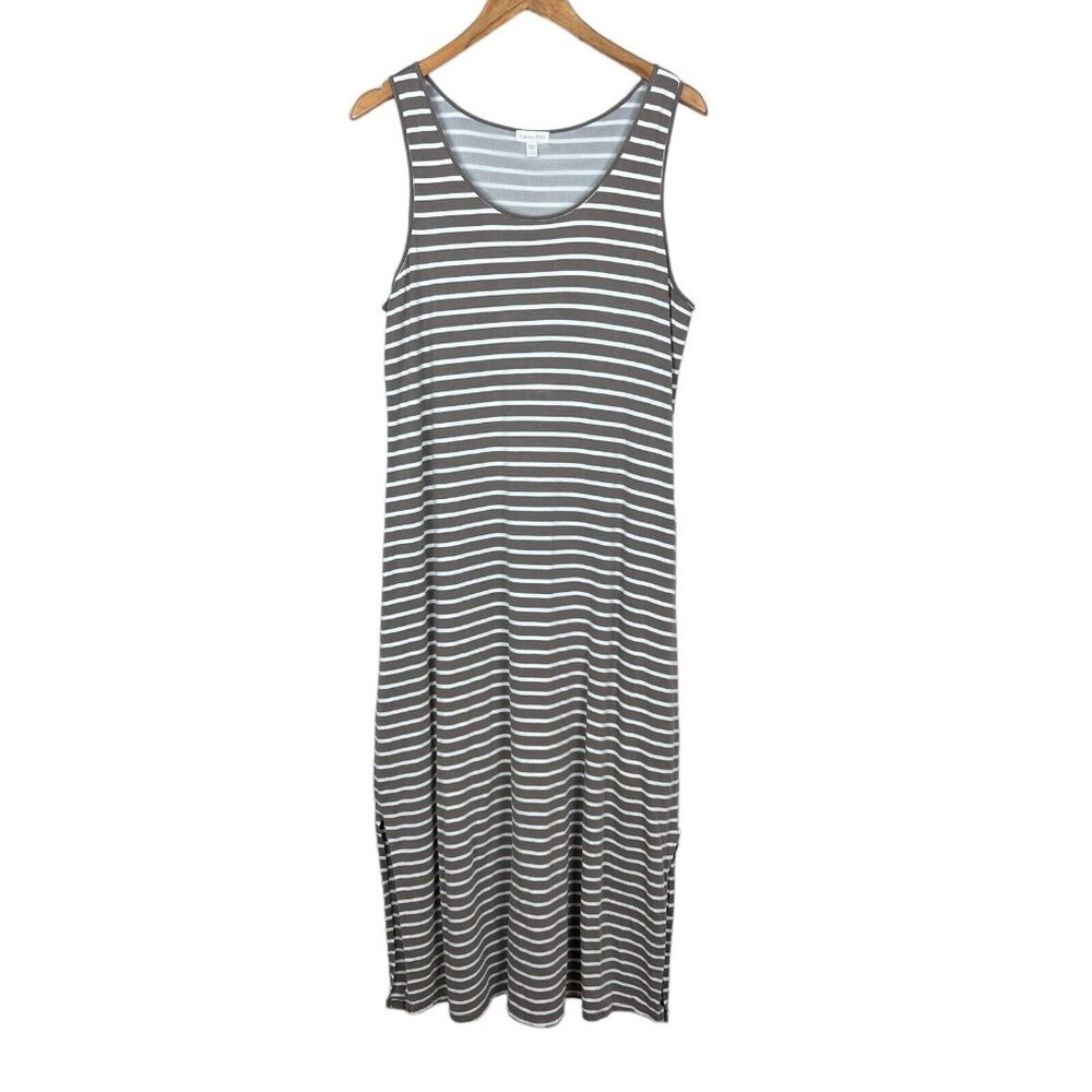 Garnet Hill Midi Dress Womens Large Taupe White Stripe‎ Slits Sleeveless Tank L